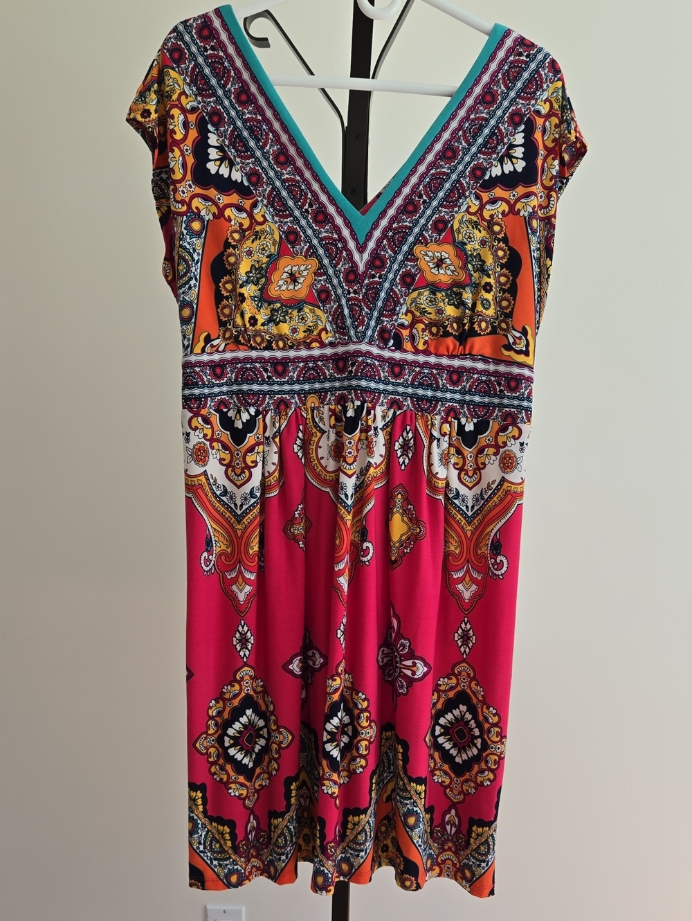 Kiara V‑Neck Paisley Dress in Fuchsia, Orange and Turquoise